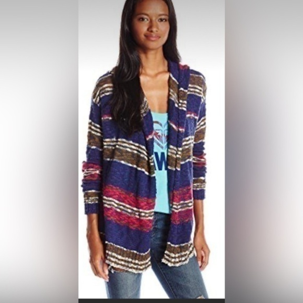 Roxy striped cotton hooded cozy comfy sweater cardigan medium